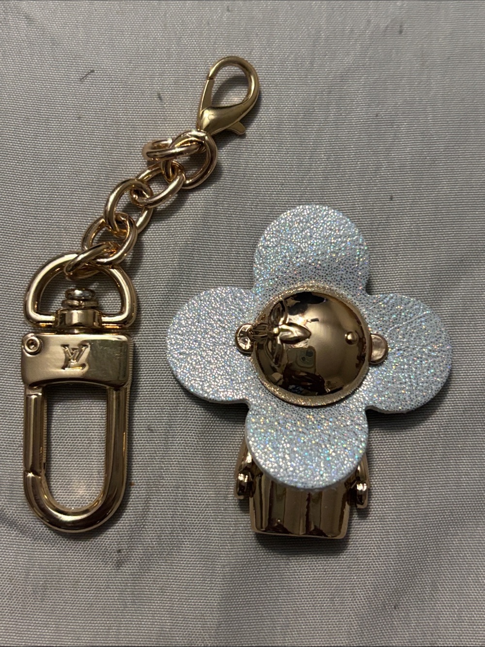 Louis Vuitton Iridescent White Glitter Flower Keychain Charm with Gold Hardware